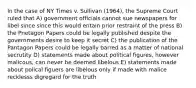 In the case of NY Times v. Sullivan (1964), the Supreme Court ruled that A) government officials cannot sue newspapers for libel since since this would entain prior restraint of the press B) the Pnetagon Papers could be legally published despite the governments desire to keep it secret C) the publication of the Pantagon Papers could be legally barred as a matter of national secrutity D) statements made about political figures, however malicous, can never be deemed libelous E) statements made about polical figuers are libelous only if made with malice recklesss digregard for the truth