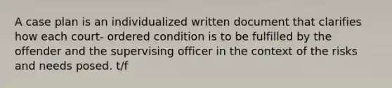 A case plan is an individualized written document that clarifies how each court- ordered condition is to be fulfilled by the offender and the supervising officer in the context of the risks and needs posed. t/f