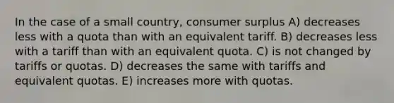 In the case of a small country, <a href='https://www.questionai.com/knowledge/k77rlOEdsf-consumer-surplus' class='anchor-knowledge'>consumer surplus</a> A) decreases less with a quota than with an equivalent tariff. B) decreases less with a tariff than with an equivalent quota. C) is not changed by tariffs or quotas. D) decreases the same with tariffs and equivalent quotas. E) increases more with quotas.