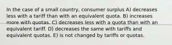 In the case of a small country, consumer surplus A) decreases less with a tariff than with an equivalent quota. B) increases more with quotas. C) decreases less with a quota than with an equivalent tariff. D) decreases the same with tariffs and equivalent quotas. E) is not changed by tariffs or quotas.