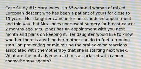 Case Study #1: Mary Jones is a 55-year-old woman of mixed European descent who has been a patient of yours for close to 15 years. Her daughter came in for her scheduled appointment and told you that Mrs. Jones underwent surgery for breast cancer 2 months ago. Mrs. Jones has an appointment with you next month and plans on keeping it. Her daughter would like to know whether there is anything her mother can do to "get a running start" on preventing or minimizing the oral adverse reactions associated with chemotherapy that she is starting next week. What are the oral adverse reactions associated with cancer chemotherapy agents?