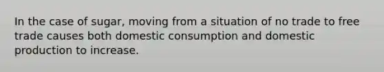 In the case of sugar, moving from a situation of no trade to free trade causes both domestic consumption and domestic production to increase.