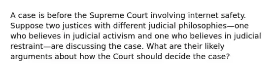 A case is before the Supreme Court involving internet safety. Suppose two justices with different judicial philosophies—one who believes in judicial activism and one who believes in judicial restraint—are discussing the case. What are their likely arguments about how the Court should decide the case?