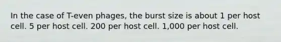 In the case of T-even phages, the burst size is about 1 per host cell. 5 per host cell. 200 per host cell. 1,000 per host cell.