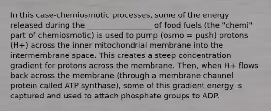 In this case-chemiosmotic processes, some of the energy released during the _________________ of food fuels (the "chemi" part of chemiosmotic) is used to pump (osmo = push) protons (H+) across the inner mitochondrial membrane into the intermembrane space. This creates a steep concentration gradient for protons across the membrane. Then, when H+ flows back across the membrane (through a membrane channel protein called ATP synthase), some of this gradient energy is captured and used to attach phosphate groups to ADP.