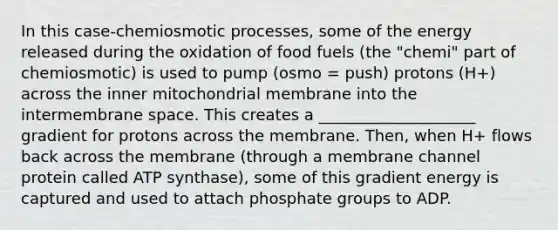 In this case-chemiosmotic processes, some of the energy released during the oxidation of food fuels (the "chemi" part of chemiosmotic) is used to pump (osmo = push) protons (H+) across the inner mitochondrial membrane into the intermembrane space. This creates a ____________________ gradient for protons across the membrane. Then, when H+ flows back across the membrane (through a membrane channel protein called ATP synthase), some of this gradient energy is captured and used to attach phosphate groups to ADP.