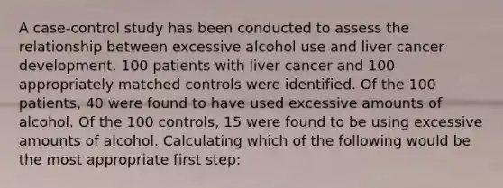 A case-control study has been conducted to assess the relationship between excessive alcohol use and liver cancer development. 100 patients with liver cancer and 100 appropriately matched controls were identified. Of the 100 patients, 40 were found to have used excessive amounts of alcohol. Of the 100 controls, 15 were found to be using excessive amounts of alcohol. Calculating which of the following would be the most appropriate first step: