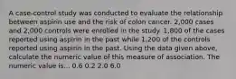 A case-control study was conducted to evaluate the relationship between aspirin use and the risk of colon cancer. 2,000 cases and 2,000 controls were enrolled in the study. 1,800 of the cases reported using aspirin in the past while 1,200 of the controls reported using aspirin in the past. Using the data given above, calculate the numeric value of this measure of association. The numeric value is... 0.6 0.2 2.0 6.0