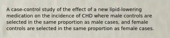 A case-control study of the effect of a new lipid-lowering medication on the incidence of CHD where male controls are selected in the same proportion as male cases, and female controls are selected in the same proportion as female cases.