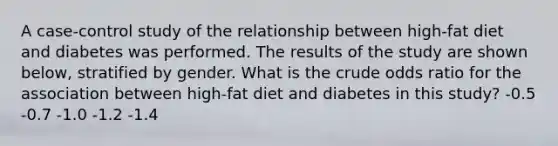 A case-control study of the relationship between high-fat diet and diabetes was performed. The results of the study are shown below, stratified by gender. What is the crude odds ratio for the association between high-fat diet and diabetes in this study? -0.5 -0.7 -1.0 -1.2 -1.4