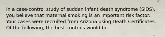 In a case-control study of sudden infant death syndrome (SIDS), you believe that maternal smoking is an important risk factor. Your cases were recruited from Arizona using Death Certificates. Of the following, the best controls would be