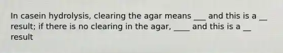 In casein hydrolysis, clearing the agar means ___ and this is a __ result; if there is no clearing in the agar, ____ and this is a __ result