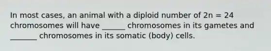 In most cases, an animal with a diploid number of 2n = 24 chromosomes will have ______ chromosomes in its gametes and _______ chromosomes in its somatic (body) cells.