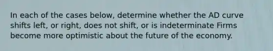 In each of the cases below, determine whether the AD curve shifts left, or right, does not shift, or is indeterminate Firms become more optimistic about the future of the economy.