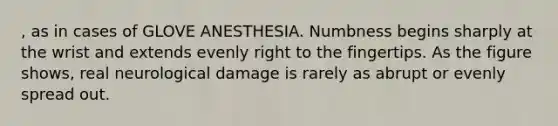 , as in cases of GLOVE ANESTHESIA. Numbness begins sharply at the wrist and extends evenly right to the fingertips. As the figure shows, real neurological damage is rarely as abrupt or evenly spread out.