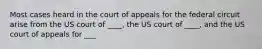 Most cases heard in the court of appeals for the federal circuit arise from the US court of ____, the US court of ____, and the US court of appeals for ___