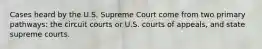 Cases heard by the U.S. Supreme Court come from two primary pathways: the circuit courts or U.S. courts of appeals, and state supreme courts.