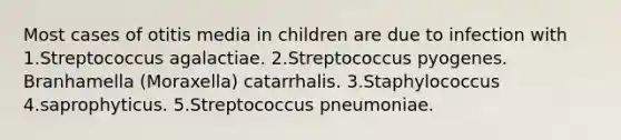 Most cases of otitis media in children are due to infection with 1.Streptococcus agalactiae. 2.Streptococcus pyogenes. Branhamella (Moraxella) catarrhalis. 3.Staphylococcus 4.saprophyticus. 5.Streptococcus pneumoniae.