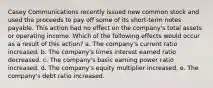 Casey Communications recently issued new common stock and used the proceeds to pay off some of its short-term notes payable. This action had no effect on the company's total assets or operating income. Which of the following effects would occur as a result of this action? a. The company's current ratio increased. b. The company's times interest earned ratio decreased. c. The company's basic earning power ratio increased. d. The company's equity multiplier increased. e. The company's debt ratio increased.