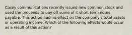 Casey communications recently issued new common stock and used the proceeds to pay off some of it short term notes payable. This action had no effect on the company's total assets or operating income. Which of the following effects would occur as a result of this action?
