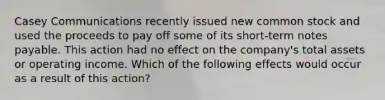 Casey Communications recently issued new common stock and used the proceeds to pay off some of its short-term notes payable. This action had no effect on the company's total assets or operating income. Which of the following effects would occur as a result of this action?