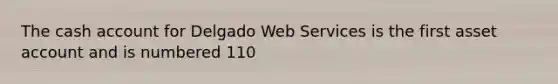 The cash account for Delgado Web Services is the first asset account and is numbered 110