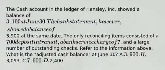 The Cash account in the ledger of Hensley, Inc. showed a balance of 3,100 at June 30. The bank statement, however, showed a balance of3,900 at the same date. The only reconciling items consisted of a 700 deposit in transit, a bank service charge of7, and a large number of outstanding checks. Refer to the information above. What is the "adjusted cash balance" at June 30? A.3,900. B.3,093. C.7,600. D.2,400