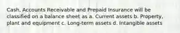 Cash, Accounts Receivable and Prepaid Insurance will be classified on a balance sheet as a. Current assets b. Property, plant and equipment c. Long-term assets d. Intangible assets