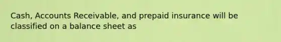 Cash, Accounts Receivable, and prepaid insurance will be classified on a balance sheet as