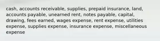 cash, accounts receivable, supplies, prepaid insurance, land, accounts payable, unearned rent, notes payable, capital, drawing, fees earned, wages expense, rent expense, utilities expense, supplies expense, insurance expense, miscellaneous expense