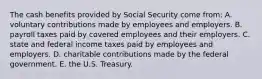 The cash benefits provided by Social Security come from: A. voluntary contributions made by employees and employers. B. payroll taxes paid by covered employees and their employers. C. state and federal income taxes paid by employees and employers. D. charitable contributions made by the federal government. E. the U.S. Treasury.