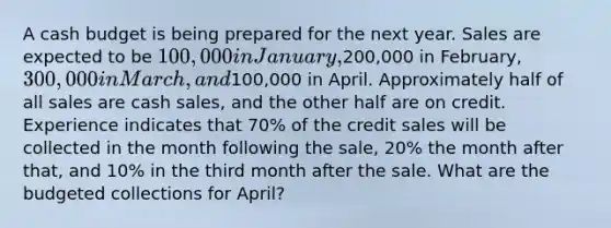 A cash budget is being prepared for the next year. Sales are expected to be 100,000 in January,200,000 in February, 300,000 in March, and100,000 in April. Approximately half of all sales are cash sales, and the other half are on credit. Experience indicates that 70% of the credit sales will be collected in the month following the sale, 20% the month after that, and 10% in the third month after the sale. What are the budgeted collections for April?