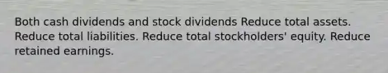 Both cash dividends and stock dividends Reduce total assets. Reduce total liabilities. Reduce total stockholders' equity. Reduce retained earnings.