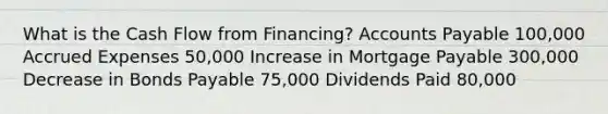 What is the Cash Flow from Financing? Accounts Payable 100,000 Accrued Expenses 50,000 Increase in Mortgage Payable 300,000 Decrease in Bonds Payable 75,000 Dividends Paid 80,000