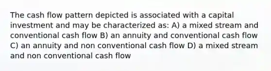 The cash flow pattern depicted is associated with a capital investment and may be characterized as: A) a mixed stream and conventional cash flow B) an annuity and conventional cash flow C) an annuity and non conventional cash flow D) a mixed stream and non conventional cash flow