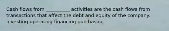 Cash flows from __________ activities are the cash flows from transactions that affect the debt and equity of the company. investing operating financing purchasing