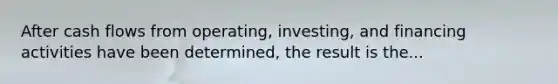 After cash flows from operating, investing, and financing activities have been determined, the result is the...