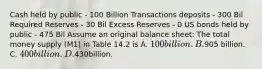 Cash held by public - 100 Billion Transactions deposits - 300 Bil Required Reserves - 30 Bil Excess Reserves - 0 US bonds held by public - 475 Bil Assume an original balance sheet: The total money supply (M1) in Table 14.2 is A. 100 billion. B.905 billion. C. 400 billion. D.430billion.