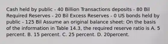 Cash held by public - 40 Billion Transactions deposits - 80 Bil Required Reserves - 20 Bil Excess Reserves - 0 US bonds held by public - 125 Bil Assume an original balance sheet: On the basis of the information in Table 14.3, the required reserve ratio is A. 5 percent. B. 15 percent. C. 25 percent. D. 20percent.