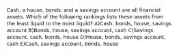 Cash, a house, bonds, and a savings account are all financial assets. Which of the following rankings lists these assets from the least liquid to the most liquid? A)Cash, bonds, house, savings account B)Bonds, house, savings account, cash C)Savings account, cash, bonds, house D)House, bonds, savings account, cash E)Cash, savings account, bonds, house