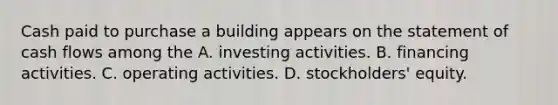 Cash paid to purchase a building appears on the statement of cash flows among the A. investing activities. B. financing activities. C. operating activities. D. ​stockholders' equity.