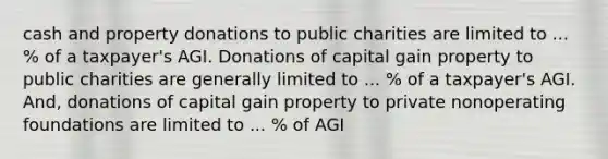 cash and property donations to public charities are limited to ... % of a taxpayer's AGI. Donations of capital gain property to public charities are generally limited to ... % of a taxpayer's AGI. And, donations of capital gain property to private nonoperating foundations are limited to ... % of AGI