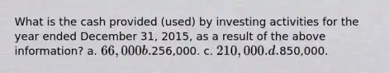 What is the cash provided (used) by investing activities for the year ended December 31, 2015, as a result of the above information? a. 66,000 b.256,000. c. 210,000. d.850,000.