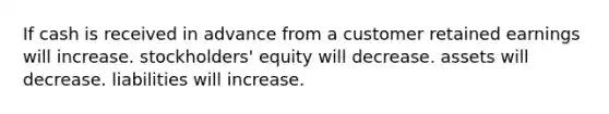 If cash is received in advance from a customer retained earnings will increase. stockholders' equity will decrease. assets will decrease. liabilities will increase.