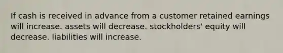 If cash is received in advance from a customer retained earnings will increase. assets will decrease. stockholders' equity will decrease. liabilities will increase.