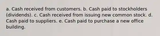 a. Cash received from customers. b. Cash paid to stockholders (dividends). c. Cash received from issuing new common stock. d. Cash paid to suppliers. e. Cash paid to purchase a new office building.