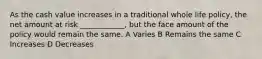 As the cash value increases in a traditional whole life policy, the net amount at risk ____________, but the face amount of the policy would remain the same. A Varies B Remains the same C Increases D Decreases