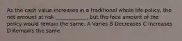 As the cash value increases in a traditional whole life policy, the net amount at risk ____________, but the face amount of the policy would remain the same. A Varies B Decreases C Increases D Remains the same