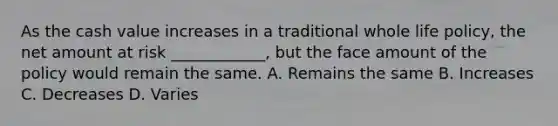 As the cash value increases in a traditional whole life policy, the net amount at risk ____________, but the face amount of the policy would remain the same. A. Remains the same B. Increases C. Decreases D. Varies