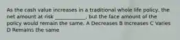 As the cash value increases in a traditional whole life policy, the net amount at risk ____________, but the face amount of the policy would remain the same. A Decreases B Increases C Varies D Remains the same